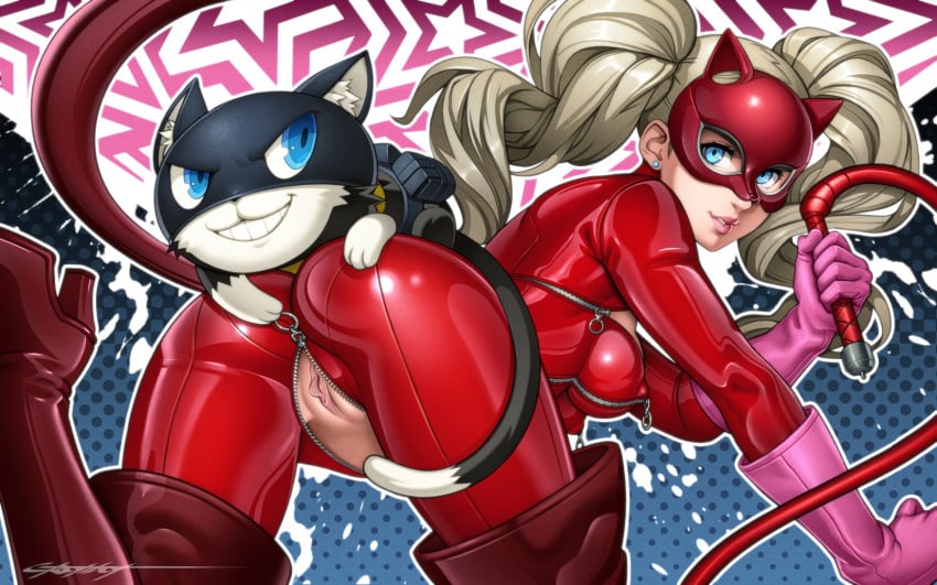 1boy 1girls animal animal_ears ann_takamaki artist_name artist_signature ass atlus big_breasts blonde_hair blue_eyes bodysuit boots cat_ears clothed_female earrings erect_nipples erect_nipples_under_clothes erotibot fake_tail feline female formal from_behind gloves grin hi_res jewelry lips long_hair long_labia looking_at_viewer looking_back male mask mona_(persona) morgana_(persona) panther(p5) persona persona_5 pink_gloves pussy red_boots sega shiny shiny_clothes signature smile solo_female straight suit thigh_boots thighhighs tied_hair twintails uncensored unzipped_bodysuit vulva whip zipper zipper_pull_tab