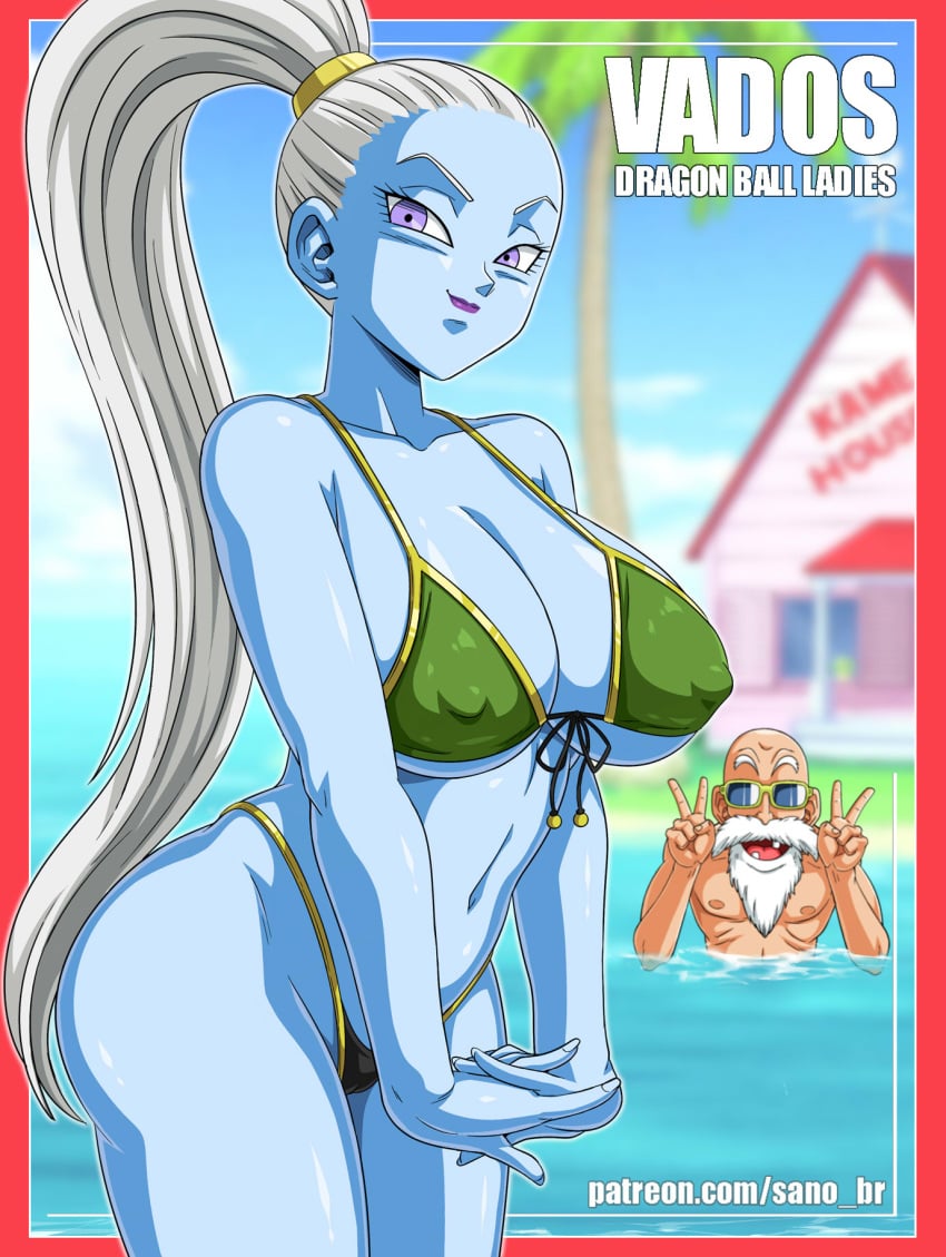 1boy 1girls angel angel_(dragon_ball) ass bangs_pinned_back beach belly belly_button big_breasts big_nipples bikini blue_skin blurry border breasts cleavage cloud coconut_tree colored_skin copyright_name cowboy_shot curvaceous curvy curvy_figure day depth_of_field double_v dragon_ball dragon_ball_super erect_nipples erect_nipples_under_clothes female female_focus front-tie_bikini front-tie_top g-string green-framed_eyewear green_bikini hi_res high_ponytail high_resolution highleg highleg_bikini highleg_swimsuit highres hips hourglass_figure house huge_breasts interlocked_fingers island kame_house large_breasts legs_together long_hair looking_at_viewer male master_roshi micro_bikini navel navel_line nipple_bulge nipples_visible_through_clothing ocean outside_border pale-skinned_male pale_skin palm_tree partially_submerged patreon_username ponytail porch purple_eyes purple_lips red_border sano-br shiny_skin shounen_jump sideboob silver_hair sky sling_bikini smile standing string string_bikini sunglasses swimsuit thick_thighs thighhighs thighs thin_waist thong_bikini tree underboob v vados water weather_vane white_hair wide_hips window