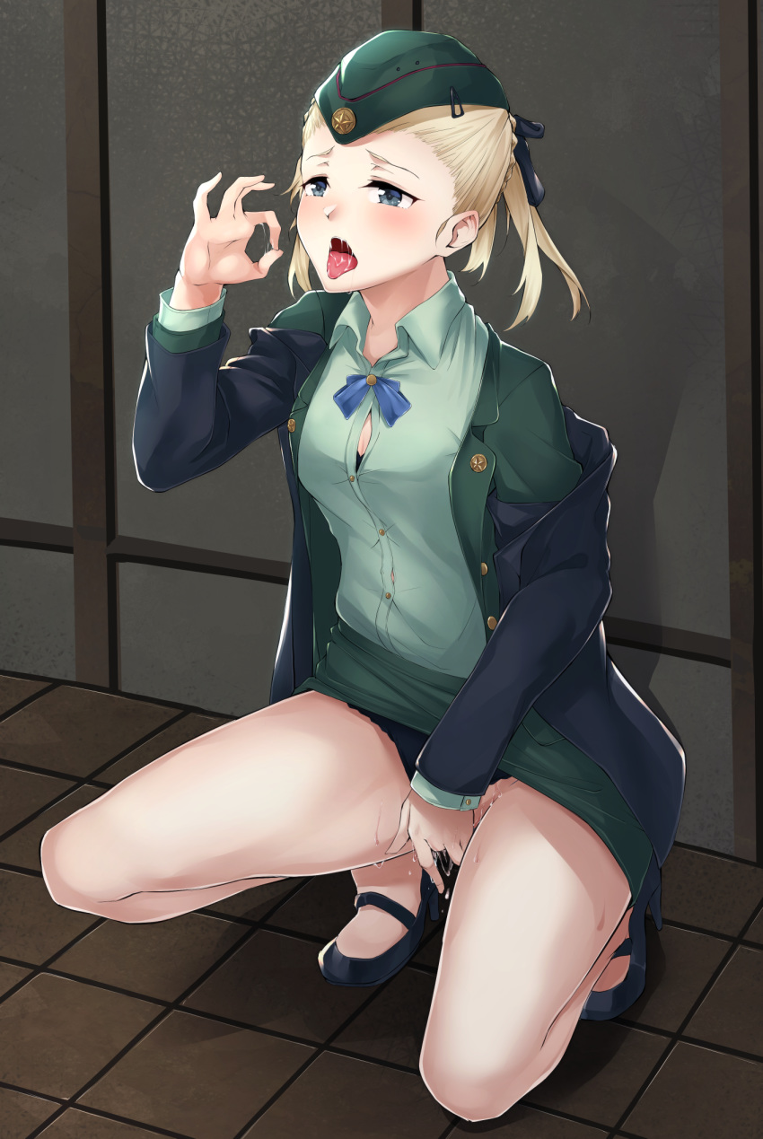 black_bra black_footwear black_jacket black_panties blonde_hair bra bra_peek breasts button_gap clothed_masturbation clothing fellatio_gesture female fingering flugel_(kaleido_scope-710) garrison_cap girls'_frontline green_jacket green_shirt green_skirt grey_eyes hat high_heels highres jacket long_sleeves masturbation miniskirt open_clothes open_jacket open_mouth panties panties_aside pencil_skirt pussy_juice serdyukov_(girls'_frontline) shirt skirt small_breasts squatting tongue tongue_out underwear