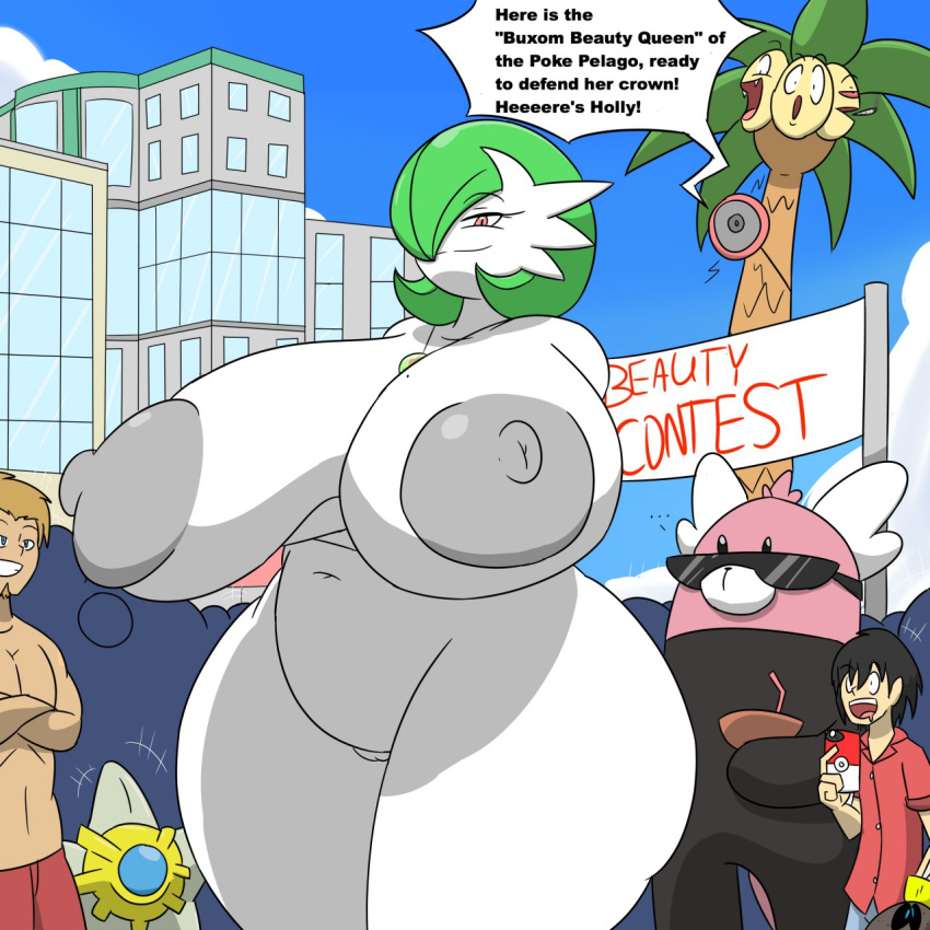 1:1 alolan_exeggutor ambiguous_gender arms_under_breasts barely_visible_genitalia barely_visible_pussy beauty_mark bewear big_breasts bodily_fluids breasts building cellphone cigar coconut competition crossed_arms crowd drooling drupe_(fruit) elemental_creature english_text exeggutor eyewear female feral flora_fauna food fruit gardevoir genitals grey_nipples group hi_res holly_(igph) holly_the_gardevoir huge_breasts human humanoid igphhangout male mammal mega_evolution mega_gardevoir mega_stone navel nintendo nipples phone plant pokémon_(species) pokemon pokemon_(species) public_nudity pussy regional_form_(pokemon) saliva shiny_pokemon shiny_staryu slightly_chubby speaker speech_bubble staryu straw sunglasses text video_games