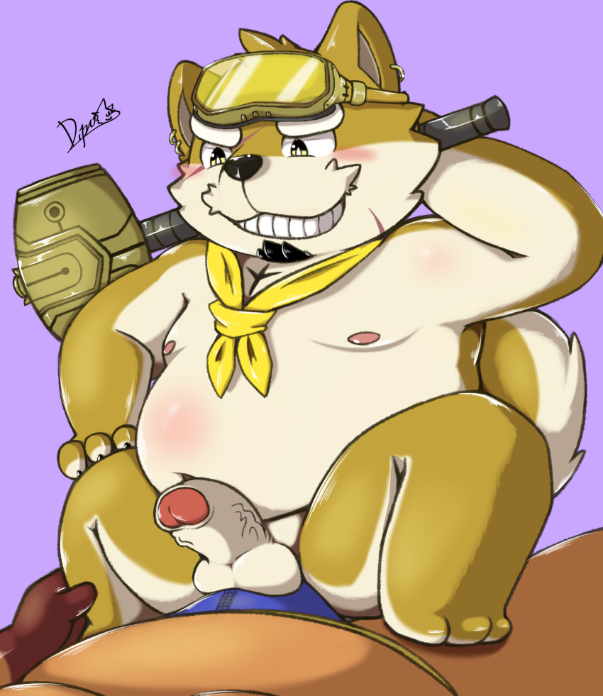 2020 anthro balls belly black_nose blush bulge canid canine canis clothing dipo_(artist) domestic_dog duo erection genitals hi_res kemono live-a-hero male male/male male_only mammal nipples overweight overweight_male penis procy_(live_a_hero) sitting underwear video_games visor weapon