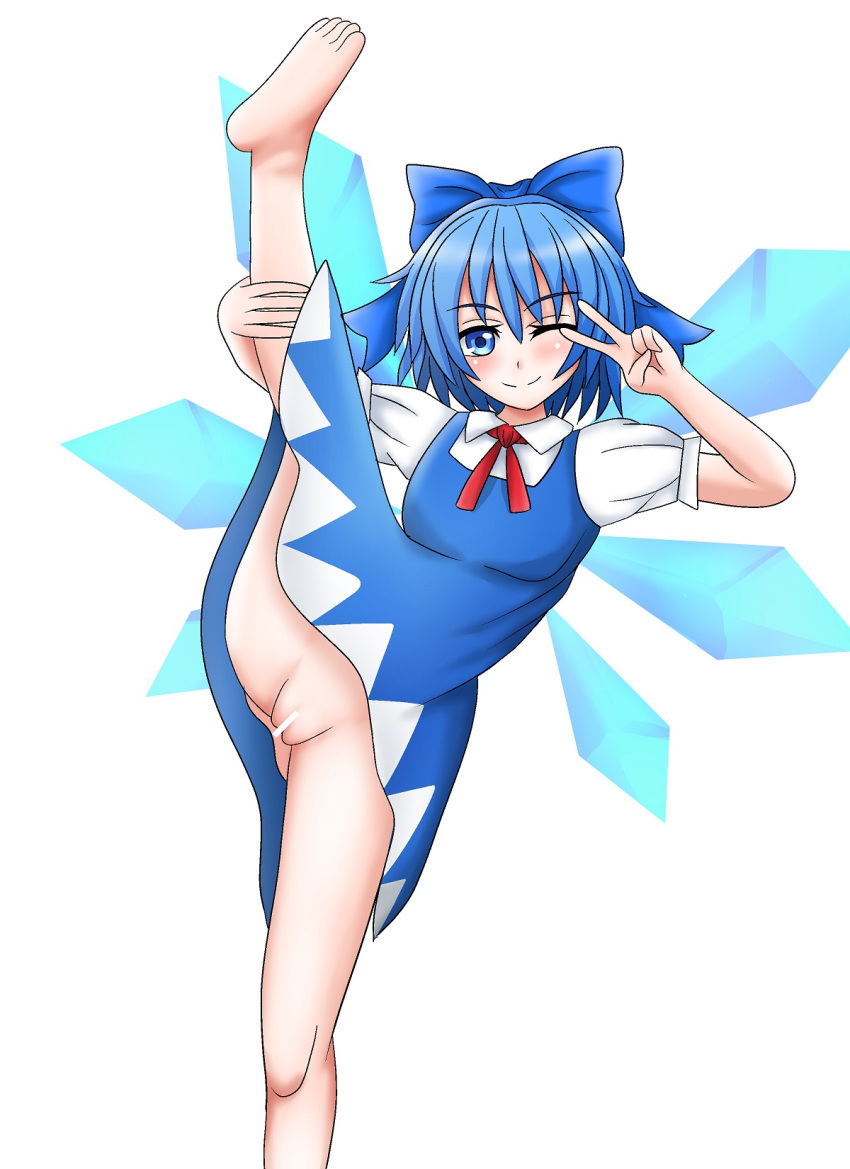 1girls blue_eyes blue_hair censor_bar censored cirno female ice_wings peace_sign skirt stretched_legs stretching tagme thighs touhou v vagina wings