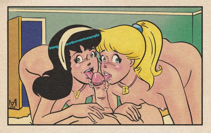 1boy 2girls archie_comics betty_and_veronica betty_cooper black_hair blonde_hair blue_eyes dark_hair faceless_male fellatio fellatio_pov female green_eyes hairband human licking_penis looking_at_viewer male medium_breasts moriartyhide multiple_girls nude_females oral pale_skin pendulous_breasts penis ponytail pov precum sharing_penis teamwork threesome veronica_lodge