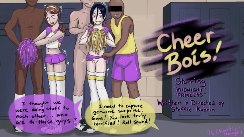 2016 5boys artist_signature bald black_hair brown_hair bulge censor_bar chaoticnaughty cheerleader cheerleader_uniform dialogue english_text femboy gay girly hand_on_shoulder handjob imminent_sex interracial male male_only naked_footwear penis_under_skirt pom_poms pornography shoes sissy skirt_lift small_penis sneakers surprised text thighhighs yaoi