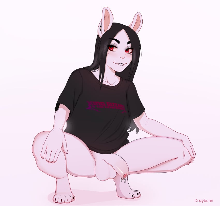 absurd_res anthro balls black_hair bottomless clothed clothing crouching dozybunn ear_piercing foreskin foreskin_piercing genital_piercing genitals goth hair hi_res lagomorph leporid long_hair male male_only mammal morgan penis piercing pink_body rabbit red_eyes shirt simple_background smile solo text text_on_clothing topwear uncut white_background