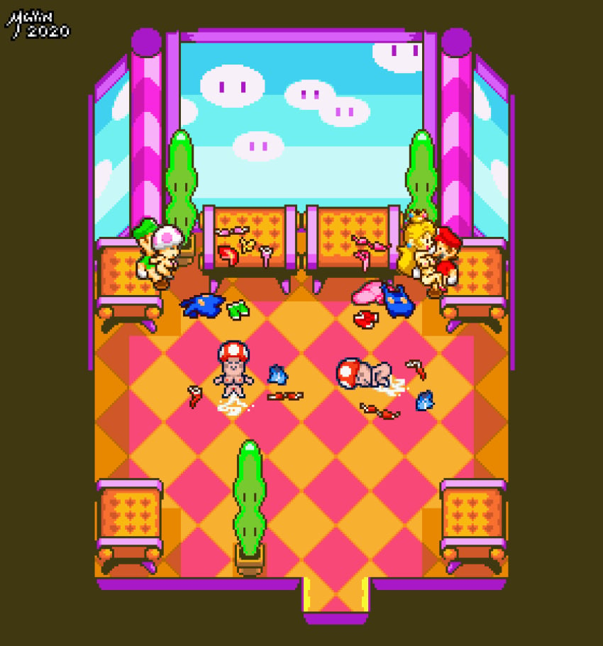 animated clothes cowgirl_position gif group_sex luigi mario mario_(series) mario_and_luigi:_superstar_saga mario_and_luigi_(series) mayin nintendo orgy pixel_art post_orgasm princess_peach riding_penis toad_(mario)