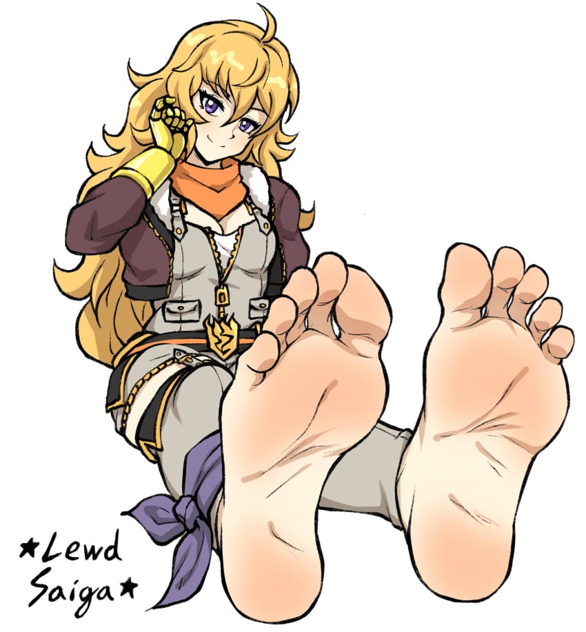 1girls 5_toes ahoge barefoot blonde_hair feet female female_only foot_fetish foot_focus lewdsaiga looking_at_viewer prosthetic prosthetic_arm prosthetic_limb purple_eyes robot_arm rwby simple_background smiling_at_viewer soles solo solo_female watermark yang_xiao_long