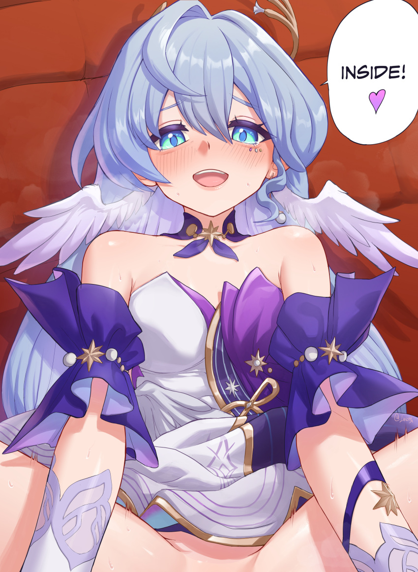 :d absurdres aqua_eyes blue_hair blush choker commentary cum_inside_request detached_sleeves dress female hair_intakes head_wings highres honkai:_star_rail honkai_(series) implied_sex long_hair looking_at_viewer luizhtx marking_below_eyes open_mouth purple_choker robin_(honkai:_star_rail) short_sleeves smile strapless strapless_dress upper_body very_long_hair white_dress wings