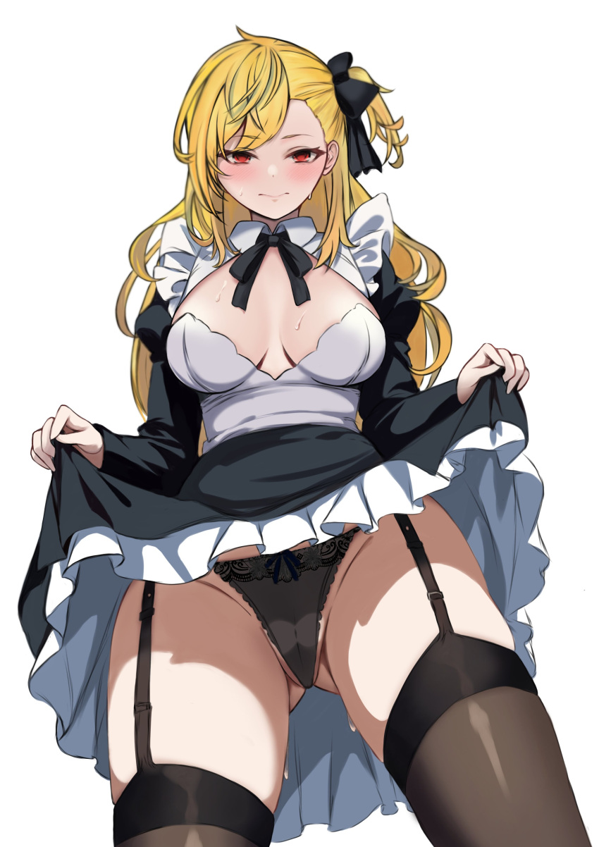 absurdres alternate_costume black_bow blonde_hair blush bow breasts clothes_lift dress elds female hairbow highres hololive hololive_indonesia hololive_indonesia_holoh3ro kaela_kovalskia long_hair looking_at_viewer maid medium_breasts panties red_eyes side_ponytail skirt skirt_lift solo thigh_strap thighhighs underwear virtual_youtuber