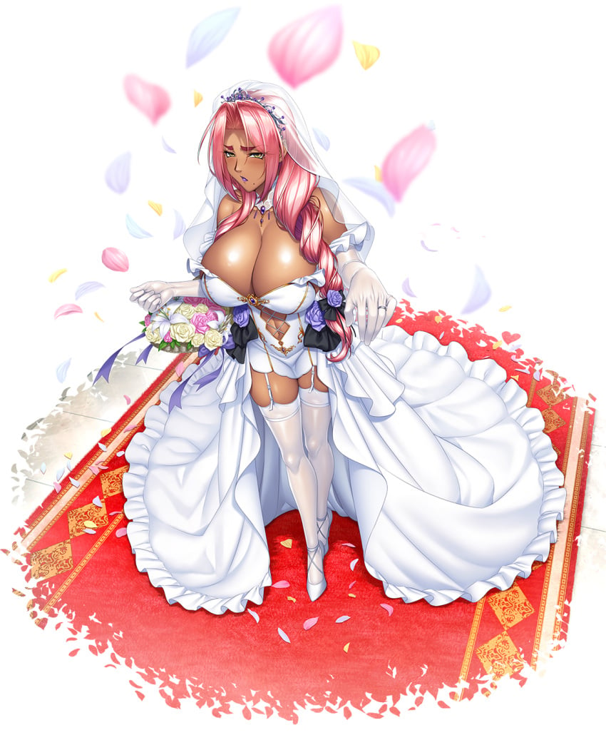 1girls basket big_breasts blush bride carpet cleavage dark-skinned_female female female_only flower_petals flowers fully_clothed hi_res high_heels highres ingrid_(taimanin_asagi) kagami_hirotaka looking_at_viewer makai_kishi_ingrid pink_hair revealing_clothes shiny_skin shy stockings tagme taimanin_(series) taimanin_murasaki taimanin_rpgx thick_thighs wedding_dress wedding_lingerie wedding_veil