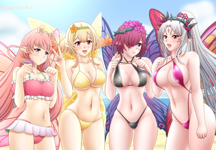 4girls amezuku bare_legs beach big_breasts bikini bikini_skirt black_bikini black_swimsuit blonde_hair blue_eyes blush breasts fairy fairy_wings fire_emblem fire_emblem_heroes flower grey_hair hair_flower hair_ornament large_breasts long_hair looking_at_viewer midriff mirabilis_(fire_emblem) multiple_girls nintendo ocean one_eye_covered peony_(fire_emblem) pink_bikini pink_hair pink_swimsuit plumeria_(fire_emblem) pointy_ears ponytail purple_bikini purple_eyes purple_swimsuit red_eyes seaside short_hair sideboob small_breasts smile swimsuit tattoo thighs triandra_(fire_emblem) twintails underboob wide_hips wings yellow_bikini yellow_swimsuit