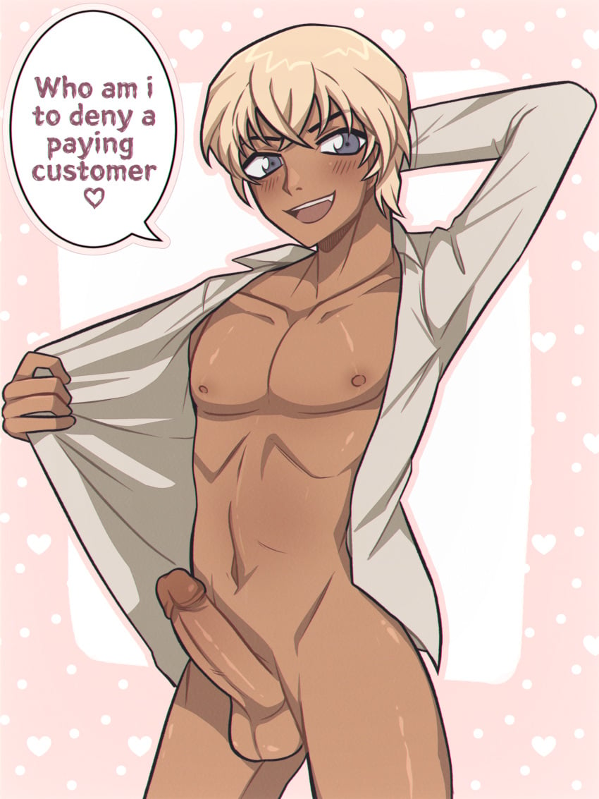 amuro_tooru arms_behind_head artist_upload blonde_hair blue_eyes blush detective_conan erect_penis hallowedlust heart_background naked naked_male pink_background polka_dot_background rei_furuya self_upload speech_bubble taking_clothes_off tan_skin white_background