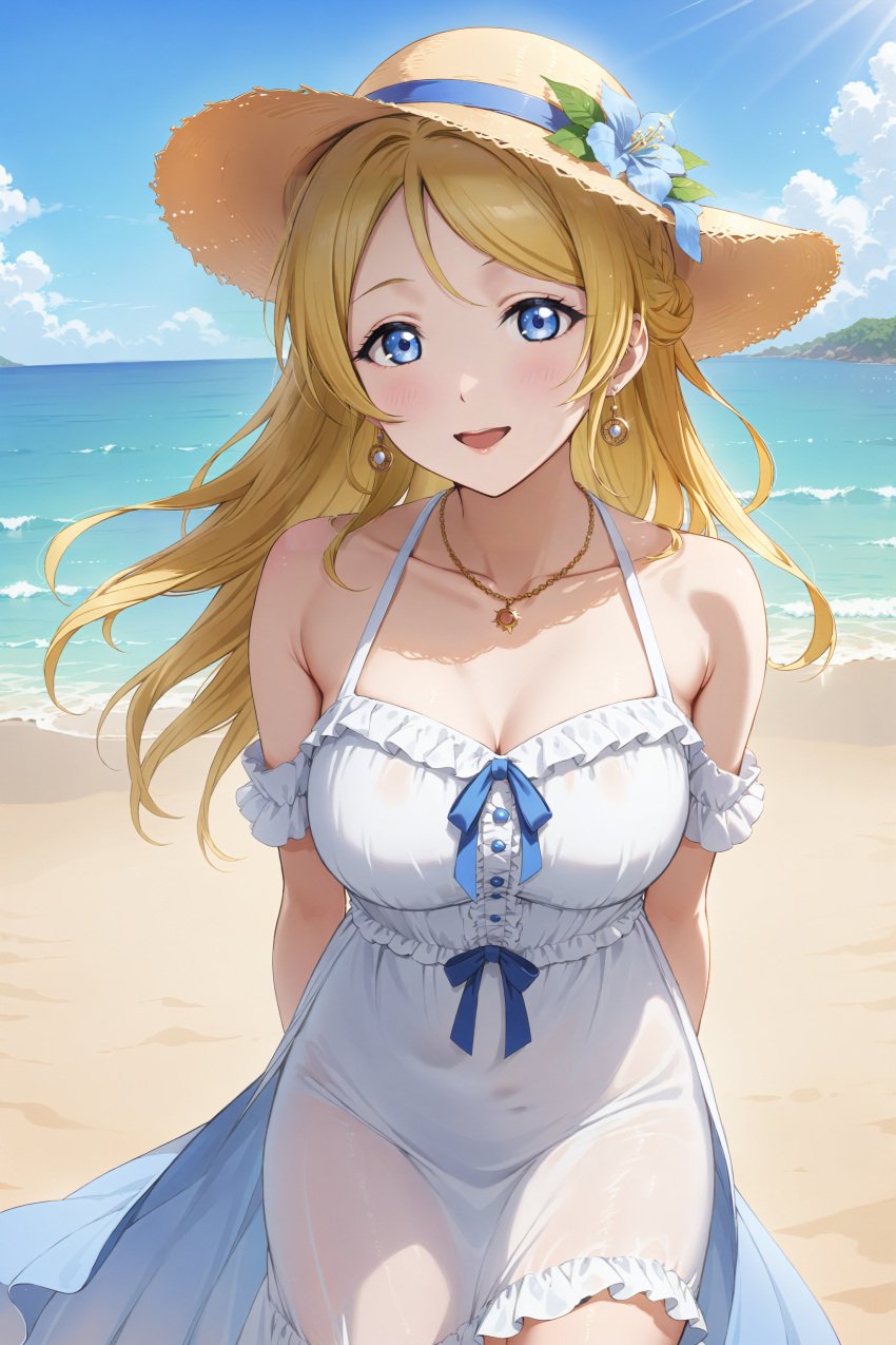 1female 1girls ai_assisted ai_generated ayase_eli beach big_breasts breasts commentary_request english_commentary female female_only hat hi_res highres light-skinned_female light_skin long_hair long_hair_female looking_at_viewer love_live!_sunshine!! necklace not_porn outdoors outside safe safe_for_work sfw solo solo_female tagme water