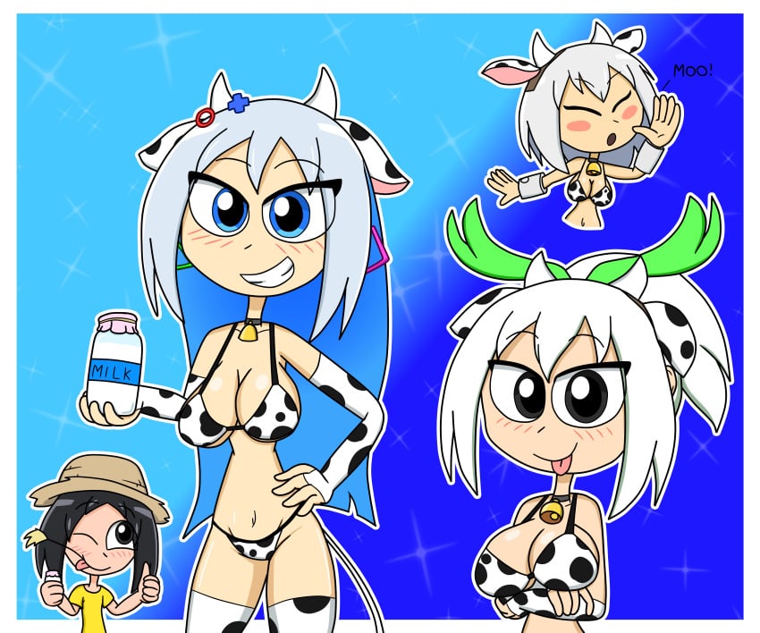 black_eyes black_hair blue_eyes blue_hair console-tan cow_ears cow_girl cow_horns cow_tail farmer glass hideki(hideki_henry) hidekihenry milk milk_bottle oc original_character playstation_1 playstation_5 ps1_tan ps5-tan white_hair xbox_series_x xbox_series_x-tan