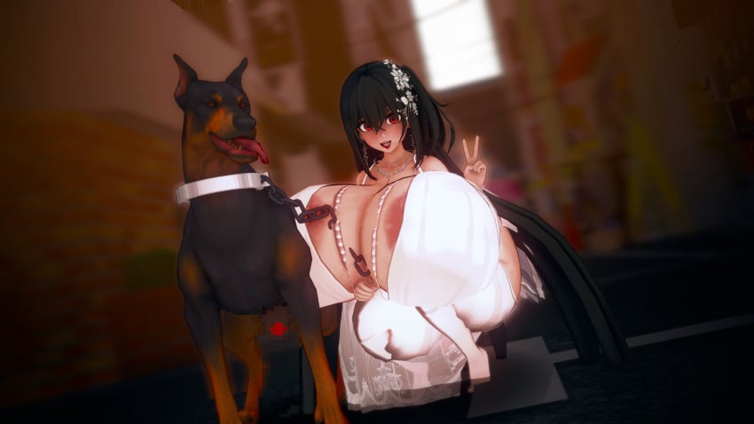 1girls animal_genitalia animal_penis artist_request azur_lane bestiality big_breasts canine canine_penis collar dress implied_bestiality leash nipples nipples_visible_through_clothing stomach_bulge taihou_(azur_lane)