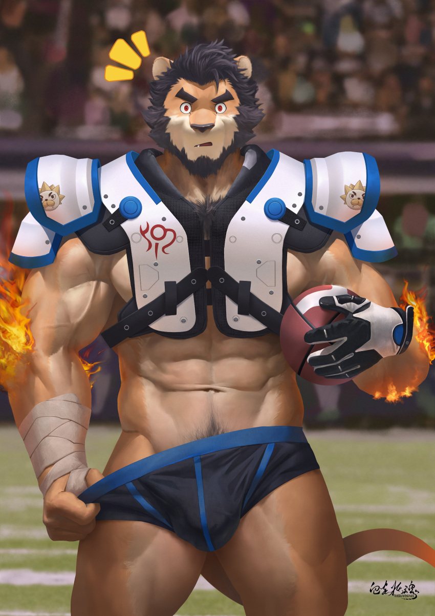 2020 abs absurd_res alcander_(wakatanka4) american_football anthro arm_wraps beard biceps black_clothing black_hair black_underwear bottomwear chest_tuft chinese_text clothing facial_hair felid fire flaming_hair football_field football_pants football_player football_uniform fur gloves hair handwear hi_res lion male mammal muscular muscular_anthro muscular_arms muscular_male obliques orange_body orange_fur pantherine pants pseudo_hair pulling_pants_down red_eyes signature solo sport stadium surprised_expression text thebloodsouls tuft underwear vein veiny_muscles wraps