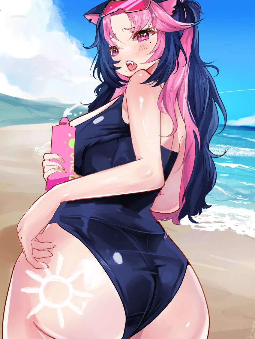 1girls 2d 2d_(artwork) alternate_costume animal_ears back back_view beach big_breasts blue_hair blue_swimsuit blush catgirl clouds day female female_focus female_only high_resolution highres holding_object hourglass_figure latam_virtual_youtuber light-skinned_female light_skin long_hair looking_at_viewer looking_back looking_back_at_viewer mole mole_under_eye mole_under_mouth ocean one-piece_swimsuit open_mouth outdoors panther_girl pierced_ears pink_eyes pink_hair ponytail shura_hiwa sky slim_girl solo solo_female solo_focus standing summer swimsuit tight_clothing two_tone_hair virtual_youtuber vjin vtuber vtuberfanart water