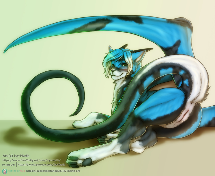 anus blue_hair canid canine dragon drulttur felid feline female feral genitals green_eyes hair horn hybrid icy-marth looking_back lying mammal on_side pawpads pussy semura_(character) simple_background slit solo