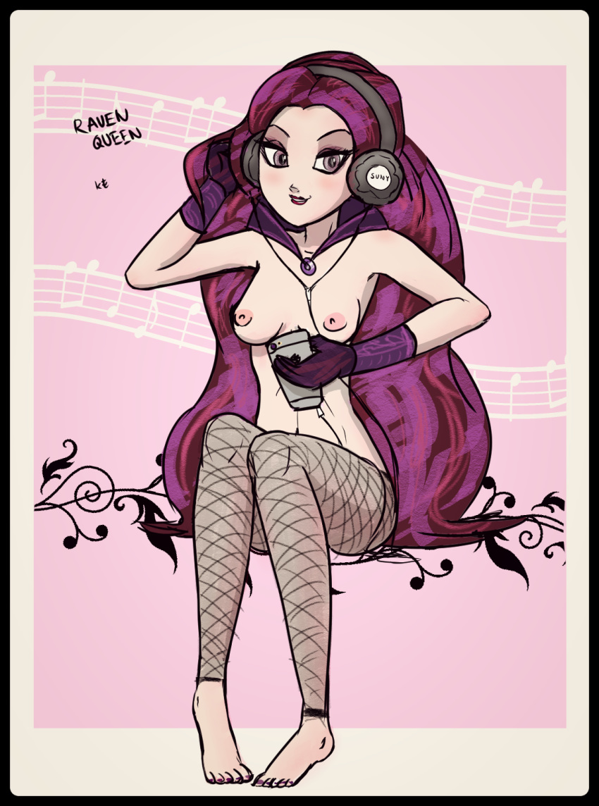 breasts ever_after_high fishnet_pantyhose headphones kt-draws long_hair pink_nipples raven_queen sitting tagme