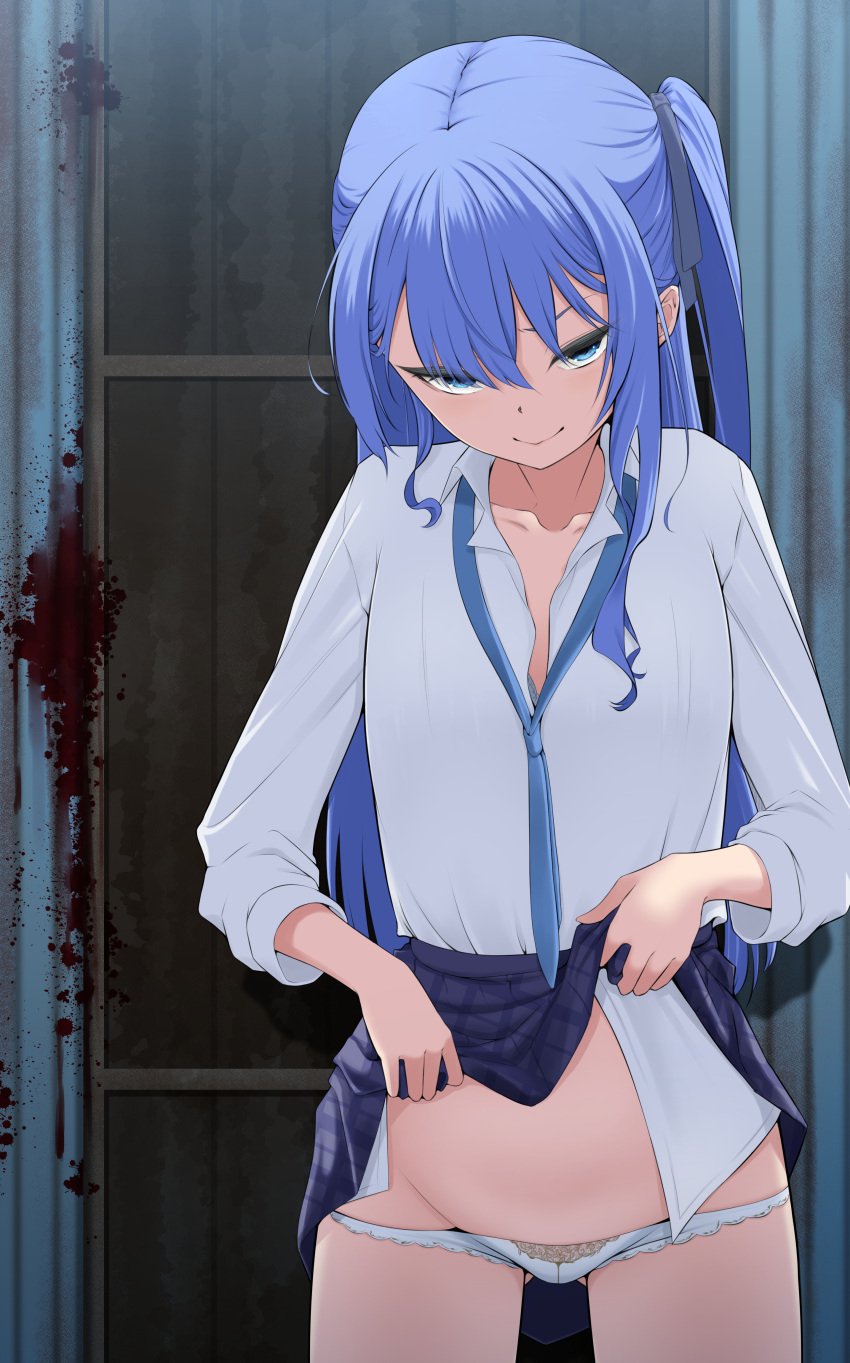 1girls absurdres aqua_hair blood blood_stain blue_eyes blue_hair blue_necktie blue_skirt bra bra_peek choker closed_mouth clothes_lift collarbone cute eyelashes female flat_chest fringe hair_ribbon hat highres hololive hoshimachi_suisei imminent_sex inamochi_keiichirou inviting_to_sex lifting_own_clothes long_hair long_sleeves looking_at_viewer loose_necktie miniskirt naughty_face necktie pale-skinned_female panties panty_pull petite plaid plaid_skirt ribbon school_uniform schoolgirl serafuku shirt shirt_tucked_in side_ponytail skinny skirt skirt_lift slim smile solo teenager underwear undressing v-shaped_eyebrows very_long_hair virtual_youtuber white_panties white_shirt young