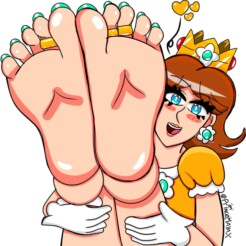 blushing_at_viewer colored_sketch crown fanart feet feet_fetish feet_focus feet_together feet_up holding_legs legs_together legs_up mario_(series) nintendo princess princess_daisy sketch smiling_at_viewer soles soles_female soles_fetish toe_rings toenail_polish toenails toes