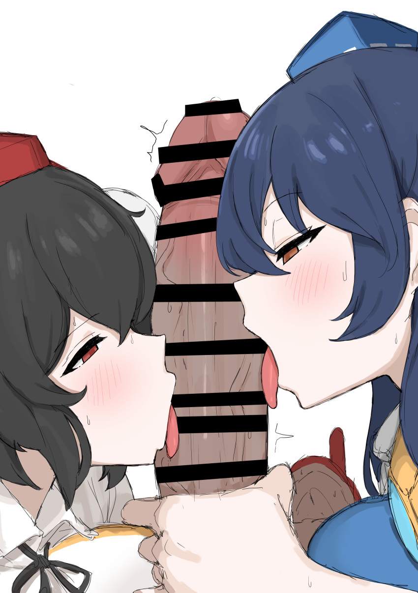 1boy 2girls absurdres bar_censor black_hair blue_hair blue_hat blush brown_eyes censored collaborative_fellatio commentary_request cooperative_fellatio erection fellatio hat highres iizunamaru_megumu kumiyabe licking licking_penis multiple_girls oral paid_reward_available penis red_eyes red_hat shameimaru_aya short_hair simple_background straight sweat teamwork textless_version tokin_hat tongue tongue_out touhou white_background