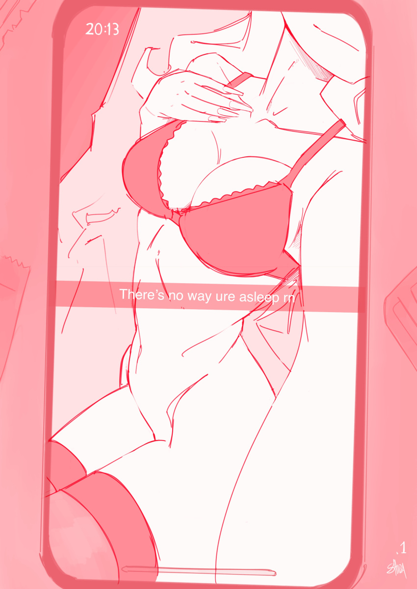 belly bra eyes_out_of_frame hand_on_own_chest hip_bones legs_together long_hair phone phone_screen selfie selfie_pose shiba_(artist) smile stockings