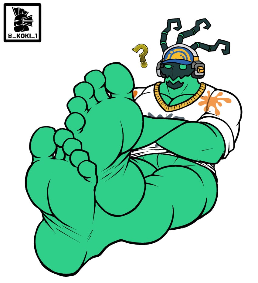 abs bara feet foot_fetish green_skin headphones janitor janitor_thresh koki_1 league_of_legends muscular_male pecs presenting_feet shirt_only skull_head soles solo_male thighs thresh toes undead