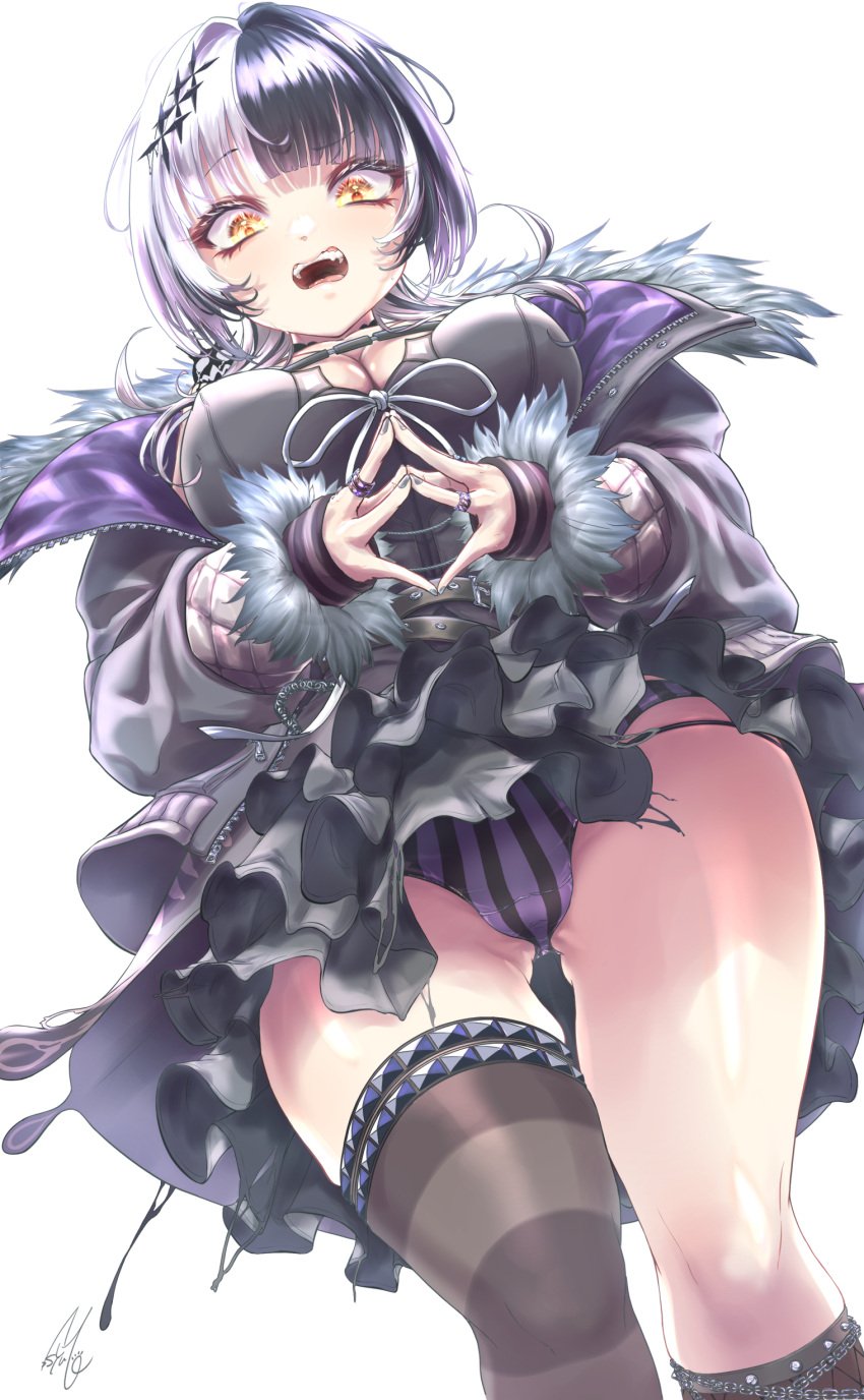 absurdres black_choker black_coat black_dress black_gloves black_hair breasts chest_belt choker cleavage coat commentary_request dress elbow_gloves female fur-trimmed_coat fur_trim gloves gluteal_fold grey_hair highres hololive hololive_english hololive_english_-advent- jewelry lace-trimmed_choker lace_trim large_breasts long_hair multicolored_hair open_mouth panties purple_coat purple_panties ring shiori_novella shiori_novella_(1st_costume) split-color_hair striped_clothes striped_gloves striped_panties striped_thighhighs syam_illust teeth thighhighs two-sided_coat two-sided_fabric underwear upper_teeth_only virtual_youtuber yellow_eyes yorick_(shiori_novella)