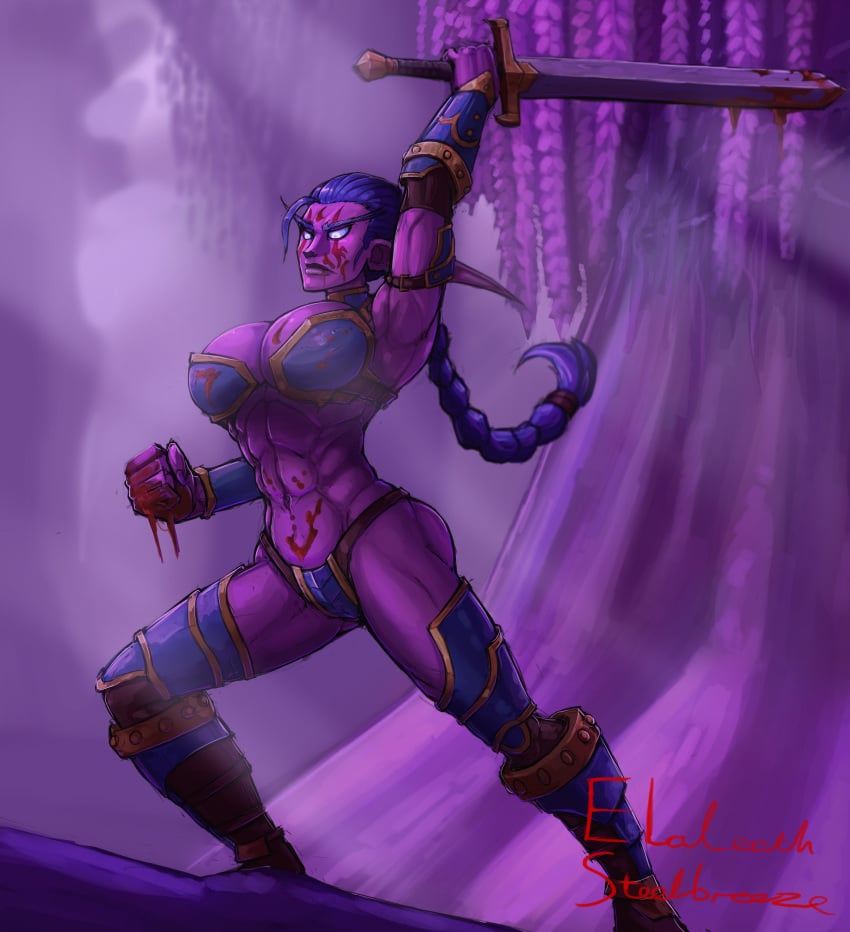 elaleath elaleath_steelbreeze female kaldorei katiethemoo large_breasts muscles night_elf world_of_warcraft