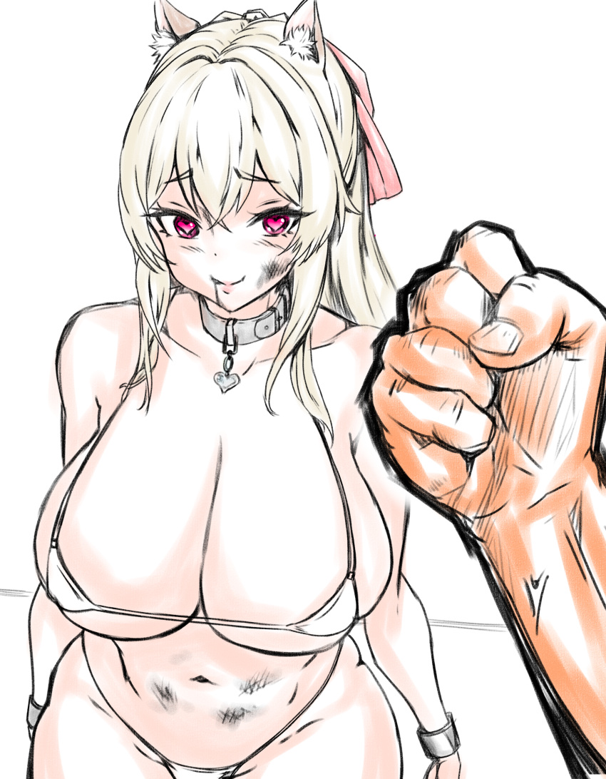 abused big_breasts bikini bimbo blonde_hair cat_ears collar defeated defeated_female dominant_male female fertile fist heart-shaped_pupils love male masochism masochist punched ryona serachan slave submissive submissive_female submissive_human tagme voluptuous voluptuous_female