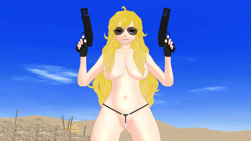 3d aviator_sunglasses blonde_hair breasts casual casual_exposure casual_underwear clothing exposed_breasts eyewear female firearm footwear front_thong hair_covering_breasts handgun handwear human lingerie outdoors pale_skin pearl_thong pussy_floss rwby sunglasses theblackbirdcalls thong tinted_eyewear topless underwear weapon yang_xiao_long