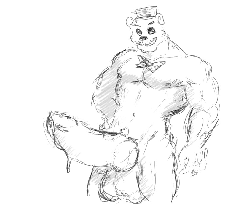 anthro balls bear bodily_fluids bow_tie five_nights_at_freddy's freddy_(fnaf) genital_fluids genitals hi_res male male_only mammal meme mostly_nude muscular muscular_male penis precum scottgames simple_background solo solo_male zember968