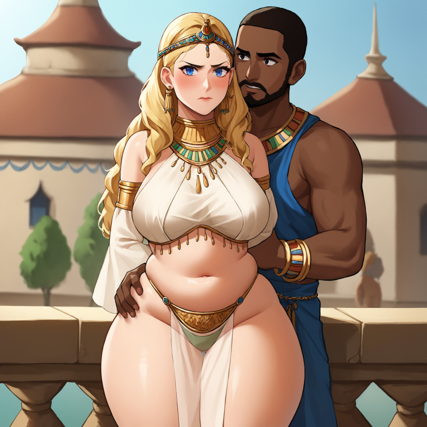 1boy 1girls african african_male ai_generated arabian arabian_clothes bare_thighs belly blonde_hair blue_eyes blush bracelet bracelets clothed_masturbation curvy curvy_female dark-skinned_male detached_sleeves embarrassed european_female female femsub gardener_ai hand_on_hip harem_outfit highleg hip_grab interracial jewelry light-skinned_female male maledom medieval medieval_clothing midriff muscular_male narrow_shoulders navel no_pants original original_character original_characters outdoors plump see-through see-through_clothing see-through_loincloth slave slave_bikini slave_outfit slavegirl stable_diffusion submissive submissive_female thick_thighs thin_waist thong town transparent_clothing trophy wide_hips