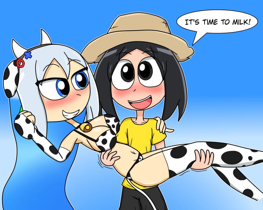 1boy 1girls black_hair blue_eyes blue_hair console-tan cow_ears cow_girl cow_horns cow_tail farmer glass hideki(hideki_henry) hidekihenry milk milk_bottle oc original_character playstation_5 ps5-tan white_hair