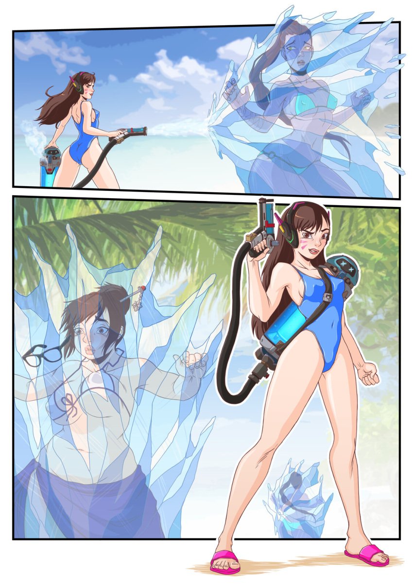 beach bikini blue_bikini blue_swimsuit d.va flip_flops frozen frozen_solid glasses ice mei_(overwatch) midriff new-ereon pink_sandals sandals stuck_in_ice swimsuit widowmaker