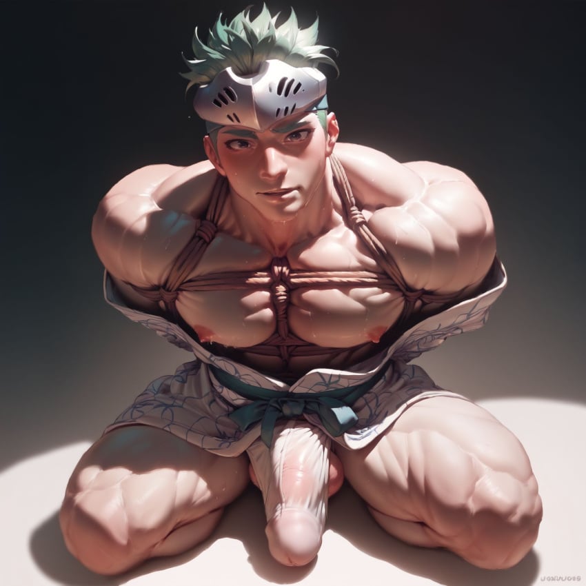 activision ai_generated balls balls_under_clothes bara big_balls big_penis blizzard_entertainment bondage boyfriendai bulge erection_under_clothes genji green_hair japanese_clothing male male_nipples male_only muscular_male nipples overwatch overwatch_2 penis penis_outline penis_under_clothes young_genji