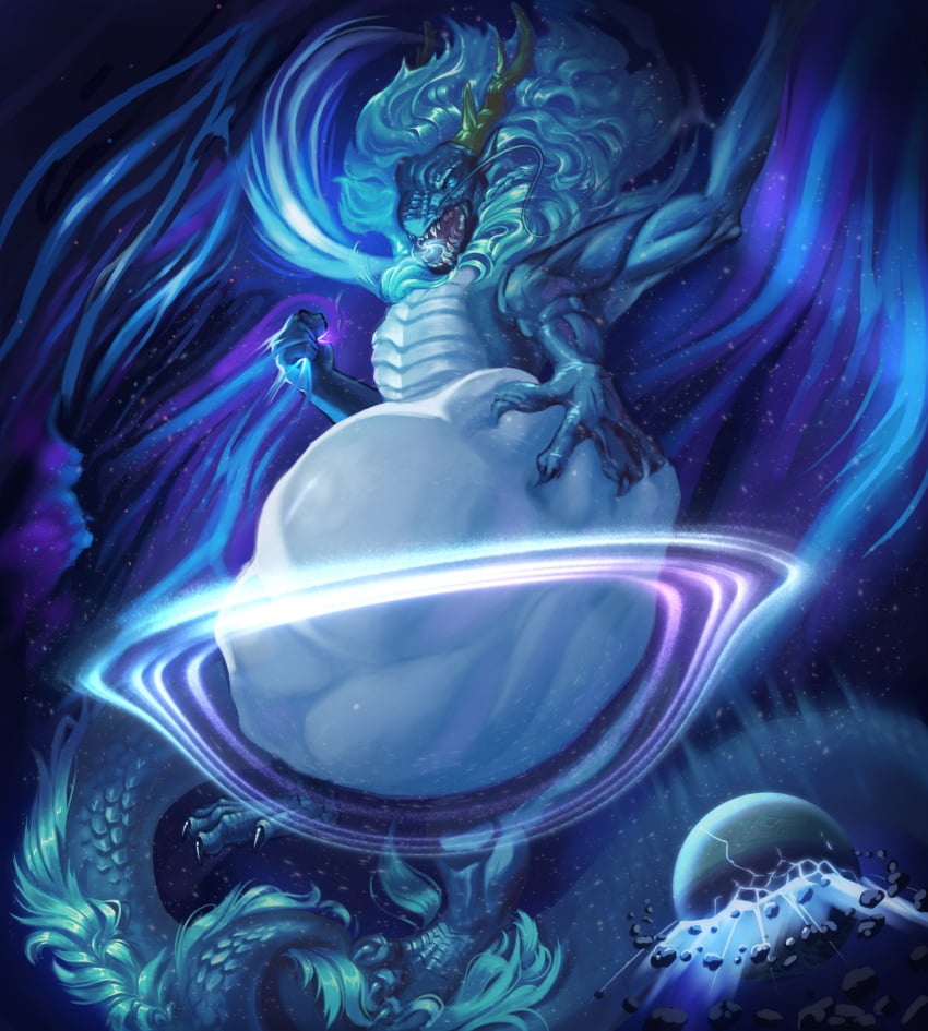 absurd_res belly belly_grab big_belly black_hole blue_body blue_eyes cosmic_background digital_media_(artwork) dragon eastern_dragon hi_res horn huge_belly hyper hyper_belly macro male mouth_shot mythological_creature mythological_scalie mythology nereidamare open_mouth oral_vore planet planet_destruction roaring scalie solo space star tail teeth terra_macro vore wings