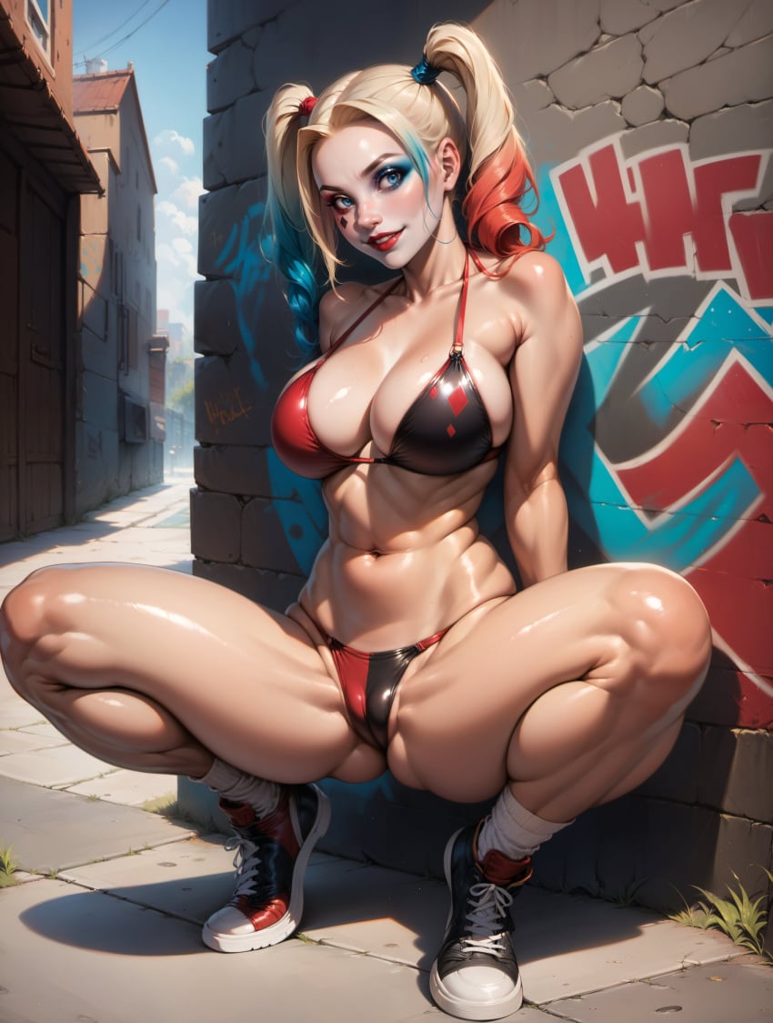 1girls ai_generated batman_(series) big_breasts blonde_hair boob_window breasts dc dc_comics harley_quinn harley_quinn_(series) league69 legs_up looking_at_viewer short_hair solo spread_legs squatting twintails