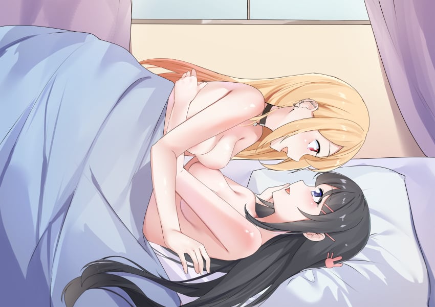 2girls arusuko bed black_hair blonde_hair blush cowgirl_position crossover female_only kitagawa_marin looking_at_each_other looking_at_partner lying lying_on_bed missionary missionary_position multiple_girls pink_eyes purple_hair sakurajima_mai seishun_buta_yarou_wa_bunny_girl_senpai_no_yume_wo_minai shiny_skin sono_bisque_doll_wa_koi_wo_suru yuri