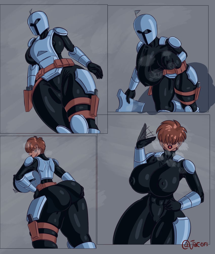 1girls armor belt big_ass big_breasts black_lips borrowed_character breastplate brown_hair clothed clothing comic dark-skinned_female female female_only fully_clothed hair_covering_eyes hand_on_hip helmet low_res nipple_bulge nipples_visible_through_clothing original_character panting rahab_the_mandalorian relief short_hair skin_tight solo star_wars steam sweat the_mandalorian thick_thighs undressing