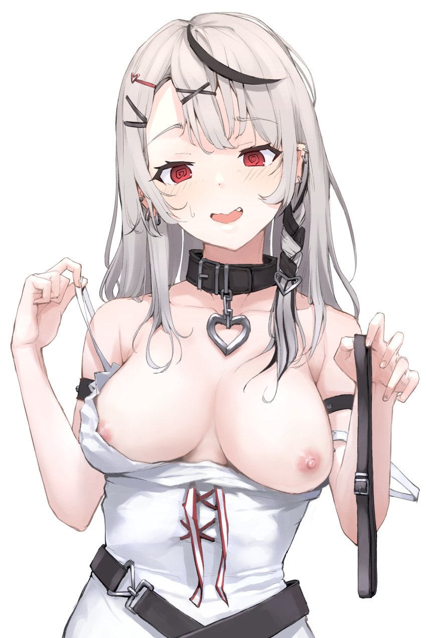 1girls 2d @_@ areolae armband belt big_breasts black_hair blush braid braided_hair breasts choker dress ear_piercing eyebrows_visible_through_hair female female_only grey_hair hair_between_eyes heart holding_object hololive hololive_japan holox large_breasts mitsuru_(pixiv_34028718) multicolored_hair nipples red_eyes sakamata_chloe simple_background solo spiral_eyes vtuber white_background white_dress