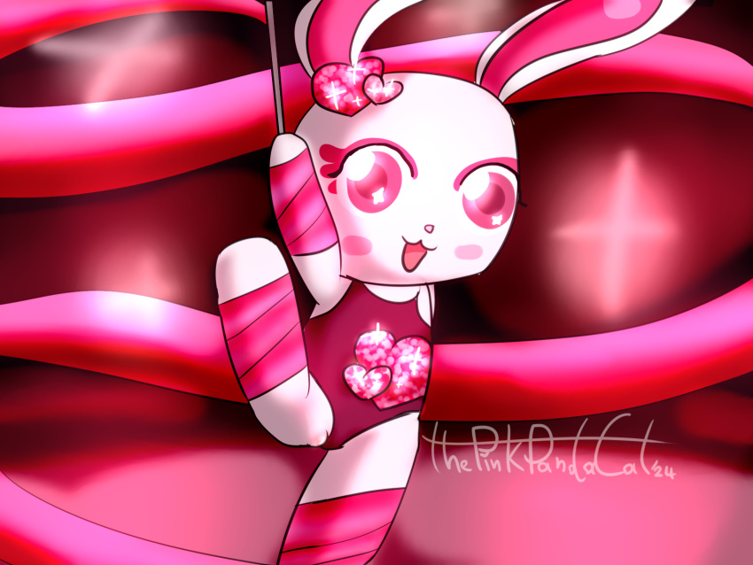 2024 anthro clothing female fur genitals gymnast_leotard gymnastics hi_res lagomorph leotard leporid mammal mousse_benetta pink_body pink_eyes pink_fur pussy rabbit ribbons solo sweets_fairy thepinkpandacat vary_peri watermark