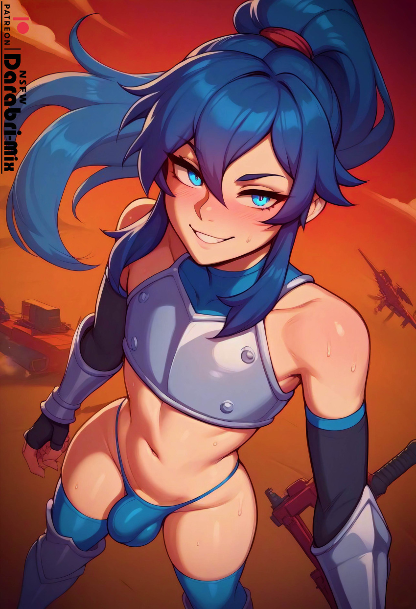 1boy abs absurd_res ai_generated armor battle battlefield blue_eyes blue_hair blush bulge chestplate cute darabri-mix detached_sleeves femboy feminine_male gay girly otoko_no_ko outlines pale_skin penis_bulge red_sky slutty_outfit smug stockings sweat thong trap yaoi