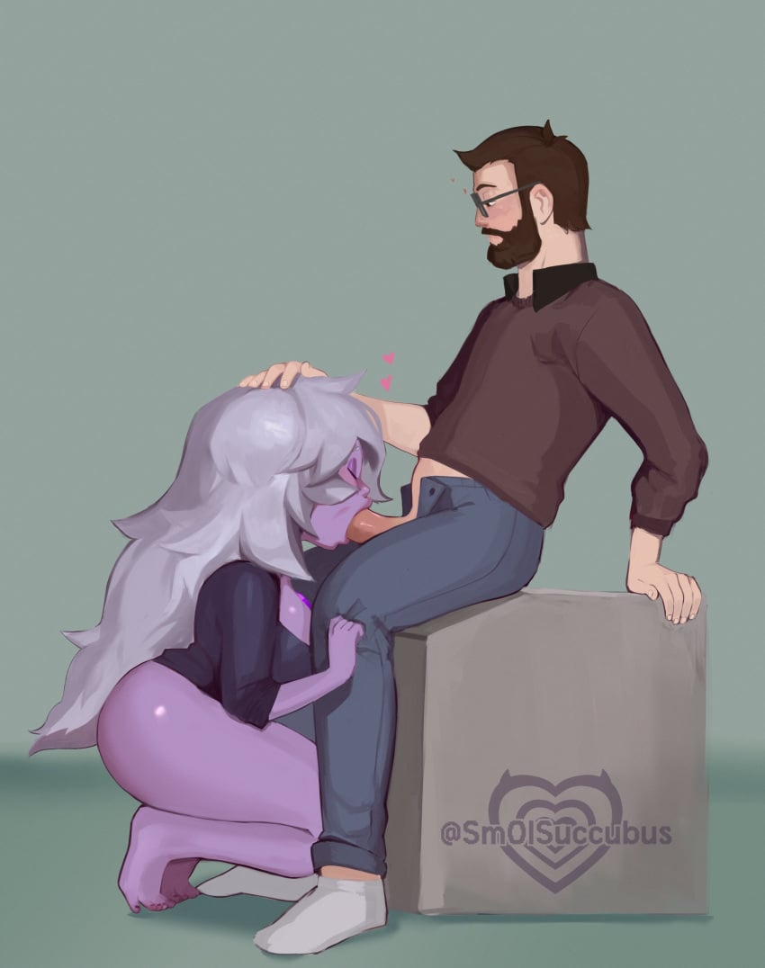 1boy 1girls abryssle alien alien_girl alien_humanoid amethyst_(steven_universe) black_eyes brown_hair eyeshadow facial_hair fellatio female gem gem_(species) glasses head_grab heart long_hair male original original_character partially_clothed purple_hair purple_skin shirt smolsuccubus squatting steven_universe