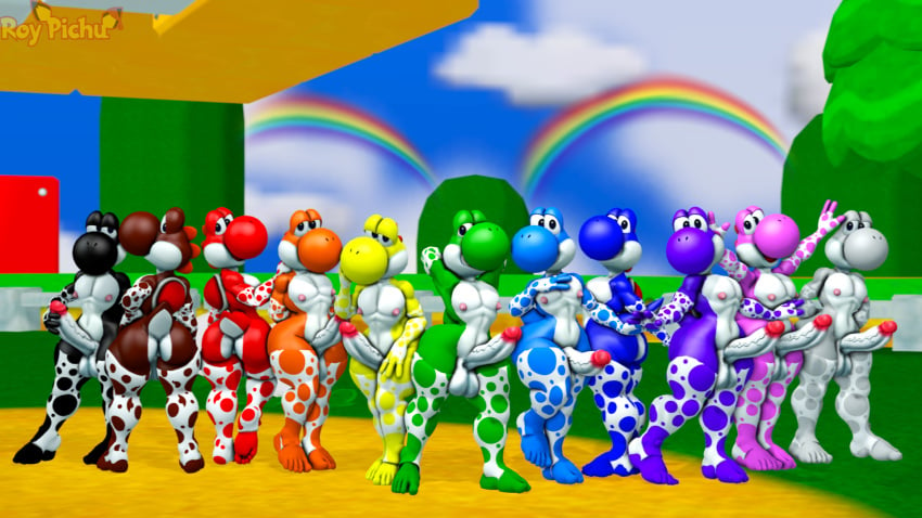 3d 3d_(artwork) 5_toes anthro big_penis black_yoshi blue_yoshi brown_yoshi clothing cyan_yoshi digital_media_(artwork) dr.ivopingasnik erection feet genitals green_yoshi group hi_res humanoid legwear lgbt_pride male male/male mario_(series) nintendo nude orange_yoshi outdoors penis pink_yoshi pride_colors purple_yoshi rainbow red_yoshi source_filmmaker_(artwork) stockings super_mario_bros. toes white_yoshi wide_hips yellow_yoshi yoshi