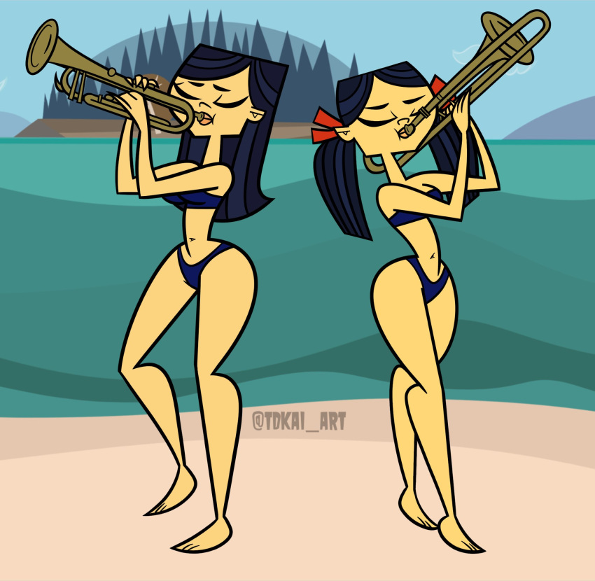 2girls asian asian_female beach bikini black_hair emma_(tdi) female_only instrument kitty_(tdi) multiple_girls playing_instrument sisters tdkai_art the_ridonculous_race total_drama_island twintails