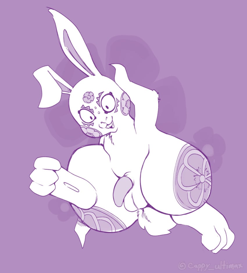 2023 3_toes anthro balls buckteeth cocampplus feet fur genitals hi_res lagomorph leporid looking_at_viewer male mammal monochrome nude_male open_mouth penis purple_background purple_theme rabbit simple_background solo spike_chunsoft tail teeth toes virtue's_last_reward white_body white_fur zero_escape zero_iii