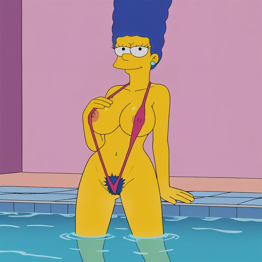 1girls 20th_century_fox 20th_century_studios ai_generated almost_naked bikini_pull blue_hair blue_pubic_hair breasts ear_piercing female female_only hairy_pussy hourglass_figure indoor_pool indoors looking_at_viewer marge_simpson nipple_slip nipples pool solo solo_focus the_simpsons water yellow_skin