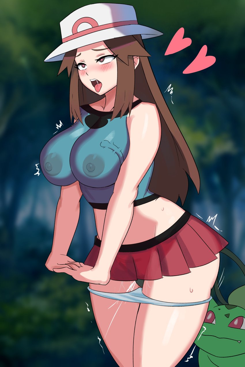 1girls 1human 1pokemon ahe_gao brown_hair bulbasaur crop_top female forest hat leaf_(pokemon) looking_pleasured orgasm pokemon short_skirt standing sweat tagme ytrall